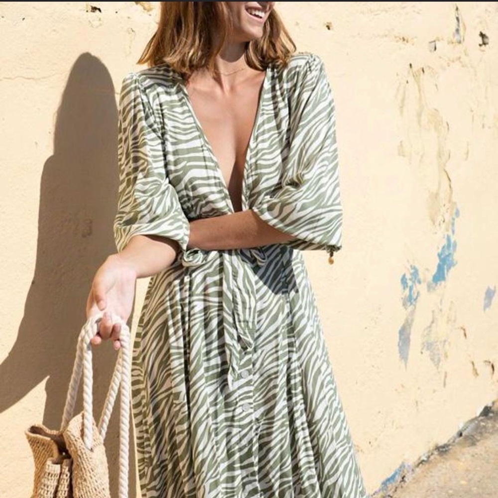 Kivari The Label Sage and White Zebra Wrap Maxi Dress